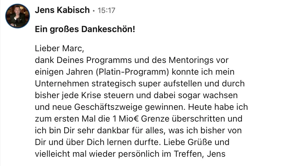 Nachricht von Jens Kabisch, Verkaufstrainer KN Niederrhein, mit Dankeschön und Erfolgsbestätigung
