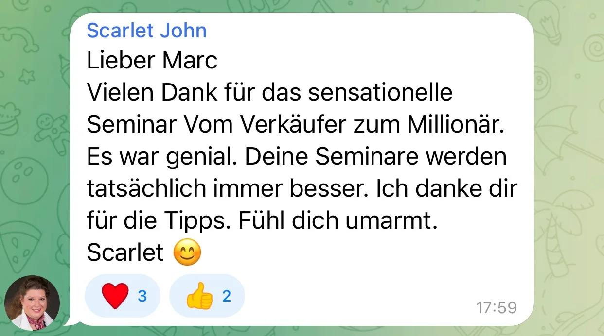 Whatsapp-Nachricht von Scarlet John mit Lob für Seminar und Tipps