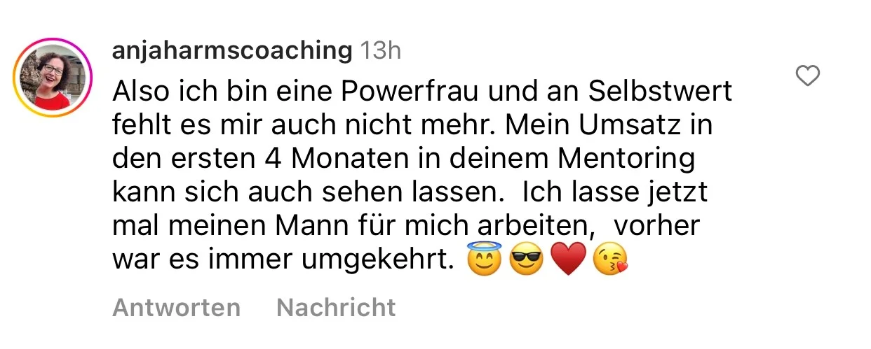 Instagram-Kommentar von anjaharmscoaching über Mentoringprogramm und Umsatzsteigerung