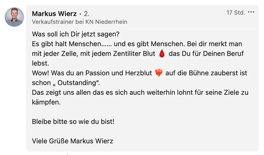 LinkedIn-Post von Markus Wierz, Verkaufstrainer KN Niederrhein, mit begeistertem Feedback
