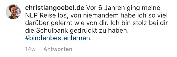 Instagram-Kommentar von christiangoebel.de über NLP-Reise und Lerneffekt