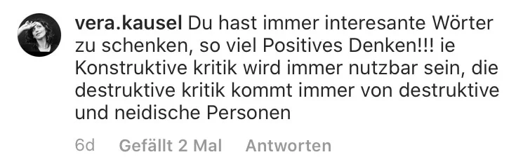 Instagram-Kommentar mit Dankesworte für Seminar-Inhalte und Mindset