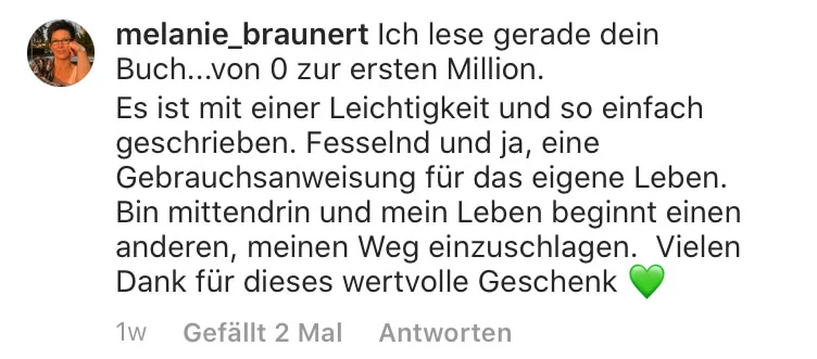 Instagram-Kommentar über Marc Galal Buch Von 0 zur ersten Million