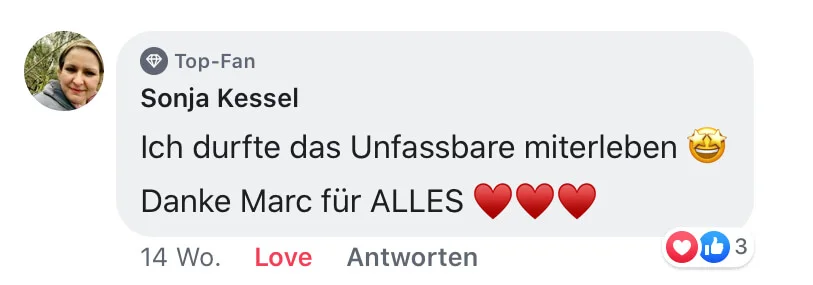 Facebook-Kommentar von Sonja Kessel als Top-Fan über unfassbares Seminar-Erlebnis