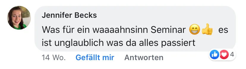 Facebook-Kommentar von Jennifer Becks über beeindruckendes Seminar mit Lob