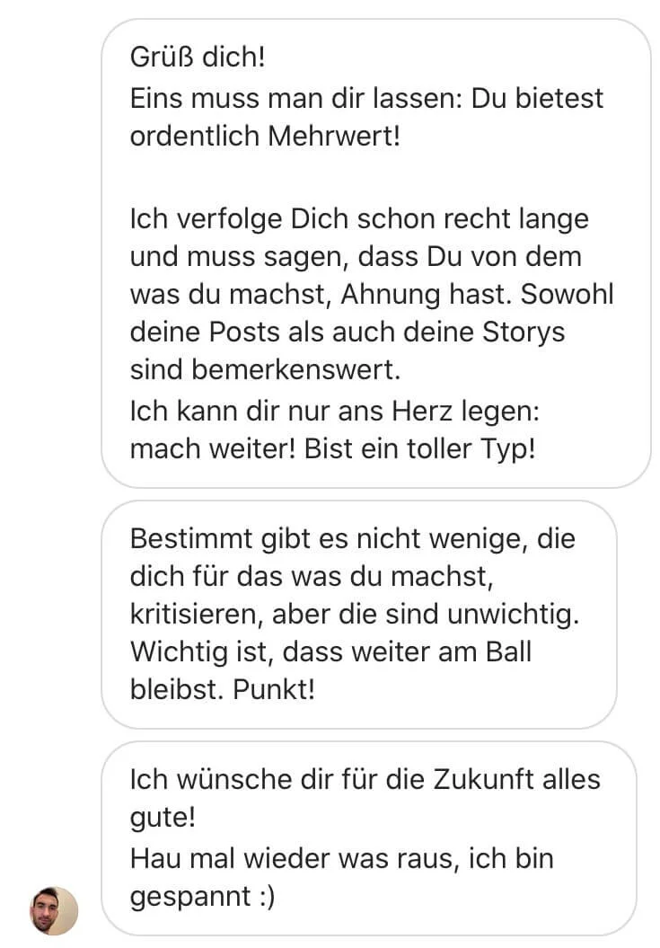 Nachricht mit Grüßen und Feedback zu Marc Galals Content und Coaching