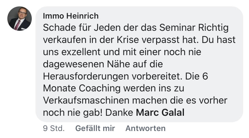Facebook-Kommentar von Immo Heinrich über exzellentes Seminar und 6-Monate-Coaching
