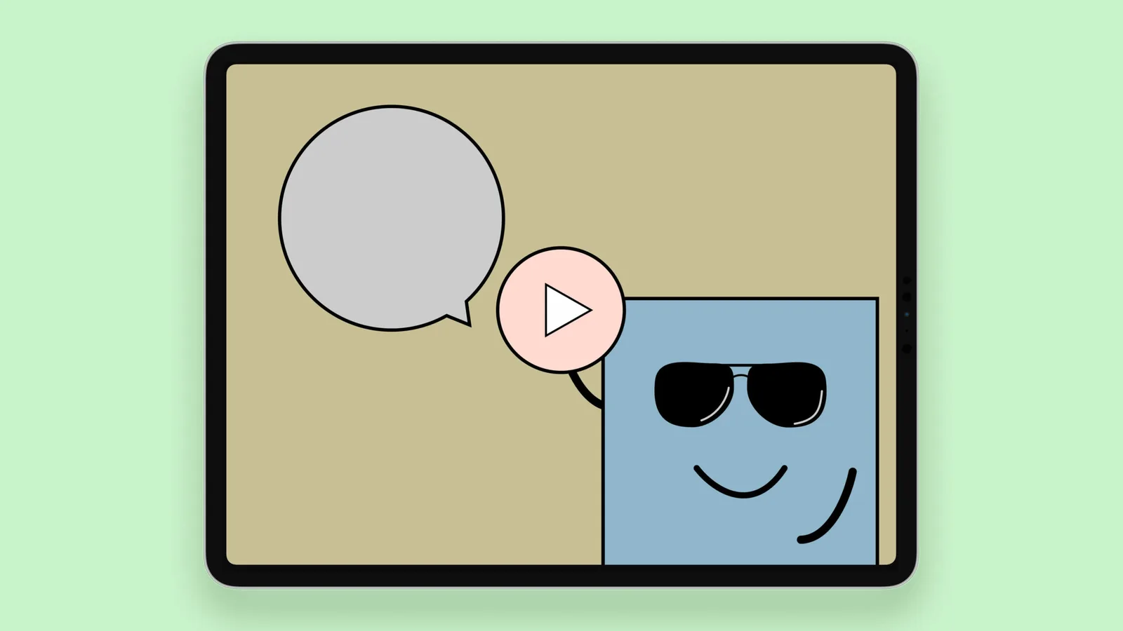 Illustration einer Video-Lerneinheit mit Play-Button und animiertem Charakter mit Sonnenbrille
