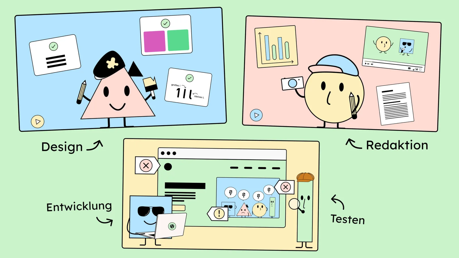 Illustration mit vier Charakteren für Barrierefreiheits-Spezialisierung in Design, Redaktion, Entwicklung und Testing