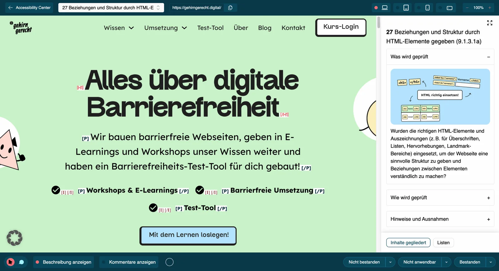Screenshot der Gehirngerecht Digital Website mit Hauptüberschrift und Akkordeon-Panel zum Thema HTML-Elemente