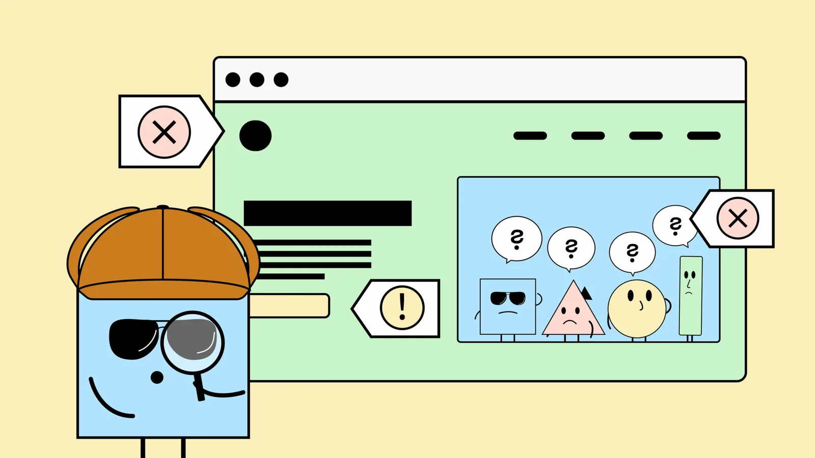 Illustration einer Person mit Lupe, die eine Website auf Barrierefreiheit prüft, mit fehlerhaften und korrekten Elementen