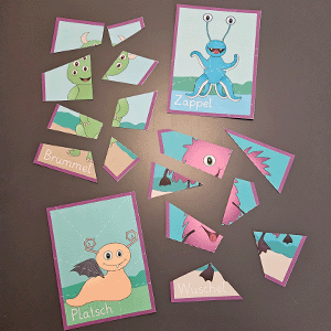 Zerlegte Monsterpuzzles mit Kartenausschnitten und zusammengesetztem Monsterbeispiel