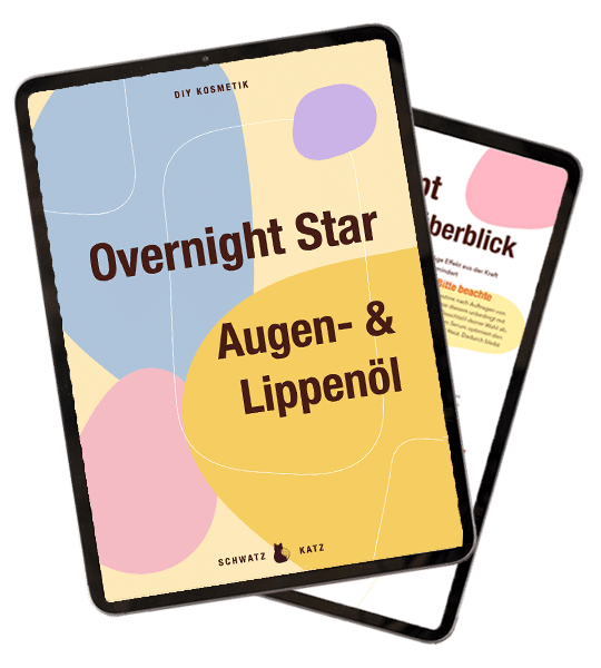 Augenöl & Lippenkonturöl »Overnight Star« – Rezept-E-Book 1 E-Book Mockup Overnight Star Augen- & Lippenöl auf Tablet mit passendem Begleitbuch
