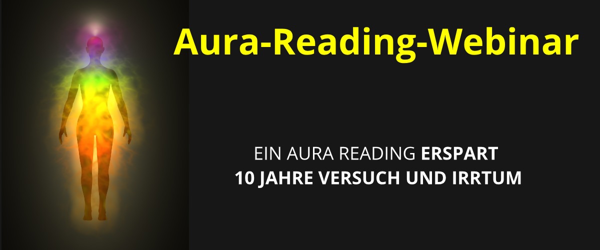 Grafik einer leuchtenden menschlichen Silhouette mit Aura in Regenbogenfarben auf schwarzem Hintergrund, gelber Text Aura-Rea