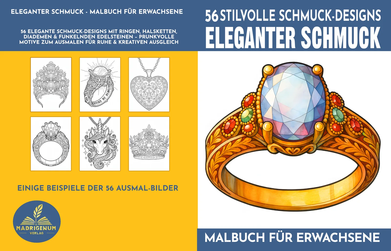 Malbuch-Cover Eleganter Schmuck mit 56 Schmuck-Designs und Edelsteinen