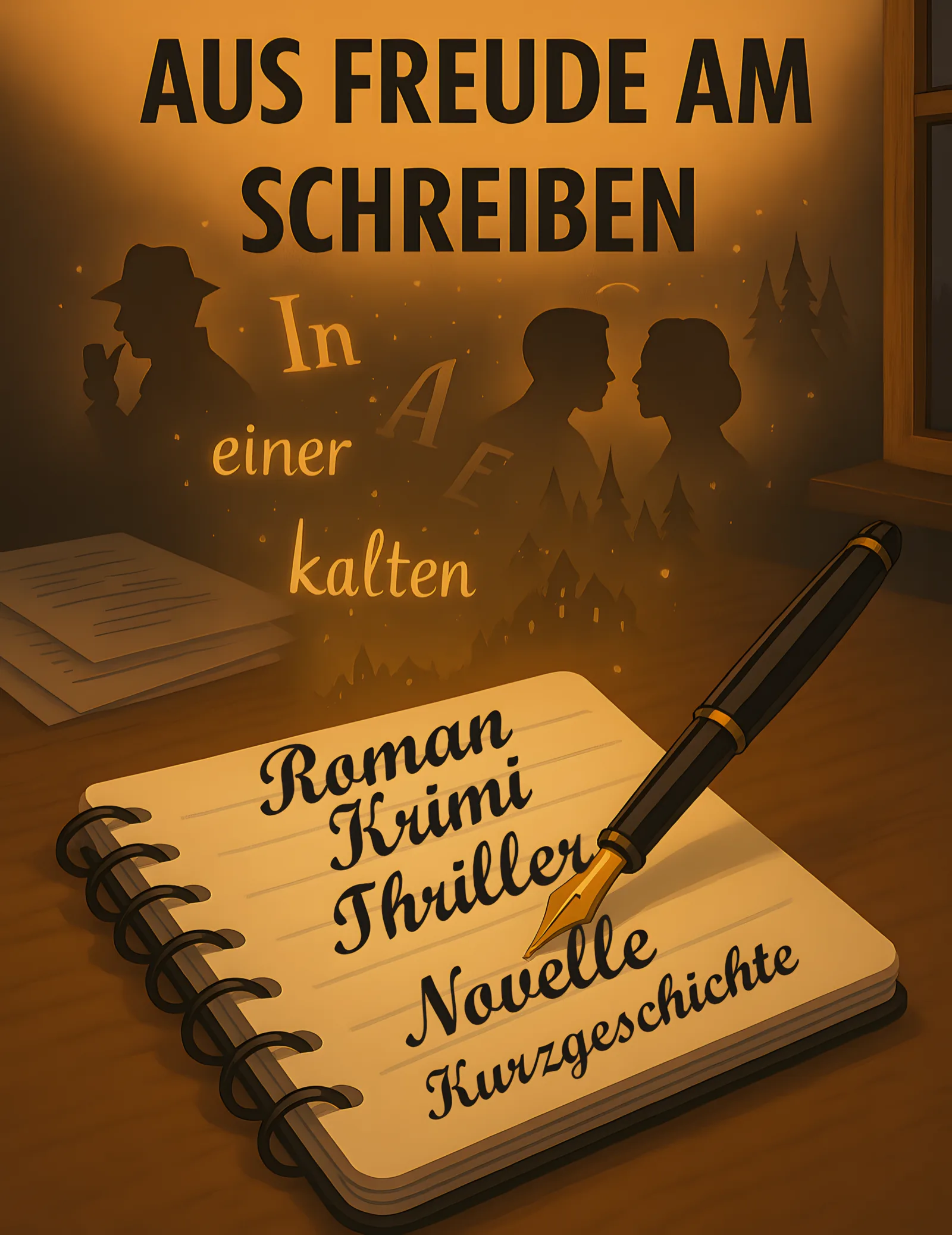 Hochauflösende Hero-Grafik Romanschreiben mit Notizbuch, Schreibfeder und literarischen Motiven