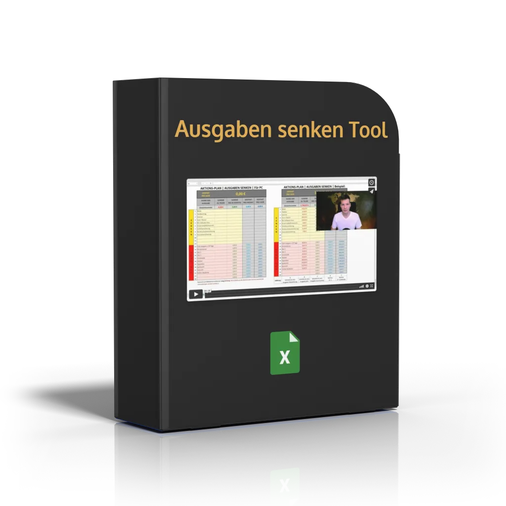 Produktmockup Ausgaben senken Tool als schwarze Box mit Screenshot und Excel-Icon