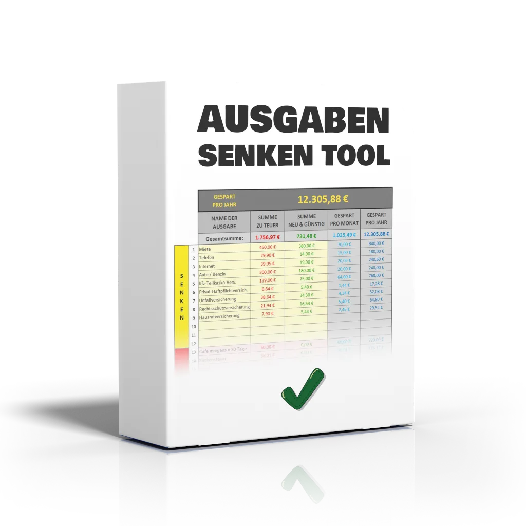 Produktbox Ausgaben senken Tool – CashCockpit mit Tabelle und grünem Häkchen