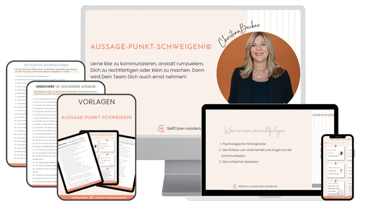 Hintergrund Landing Page mit Aussage-Punkt-Schweigen Kursmaterialien, Geräte-Mockups und Christina Becker