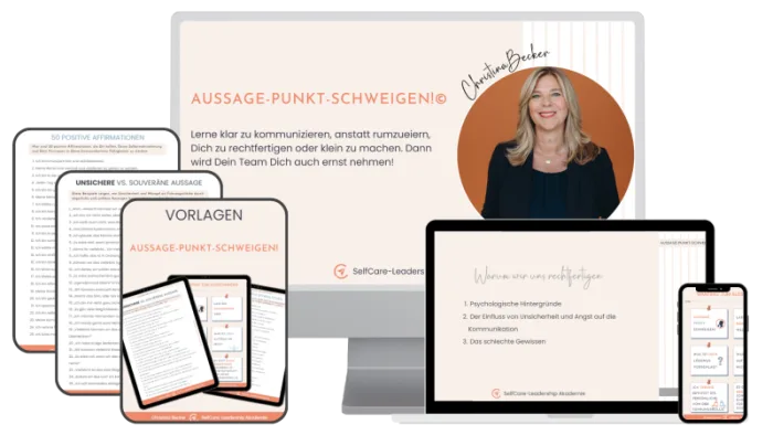 Hero-Grafik zum Kurs Aussage-Punkt-Schweigen mit Produktmockups, Christina Becker Porträt und Kursinhalten