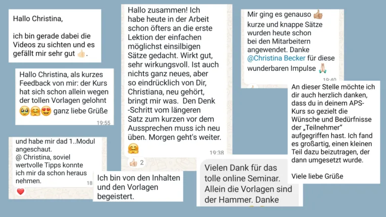 Testimonials und Kundenfeedback zum Aussage-Punkt-Schweigen Kurs von Christina Becker