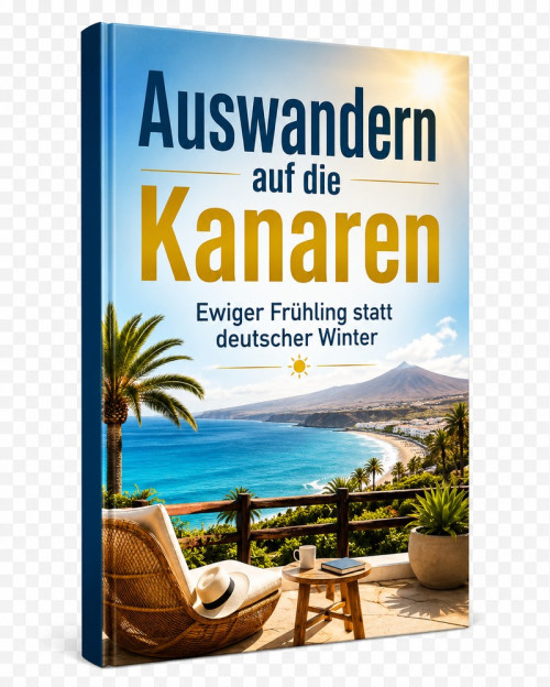 Buchcover "Auswandern auf die Kanaren" in Blau mit Strandterrasse und Vulkanblick