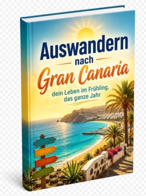 Buchcover "Auswandern nach Gran Canaria" mit Strandblick, Palmen und Sonnenaufgang