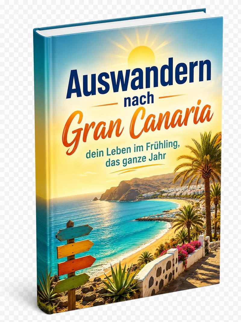Buchcover "Auswandern nach Gran Canaria" mit Strandblick, Palmen und Sonnenaufgang