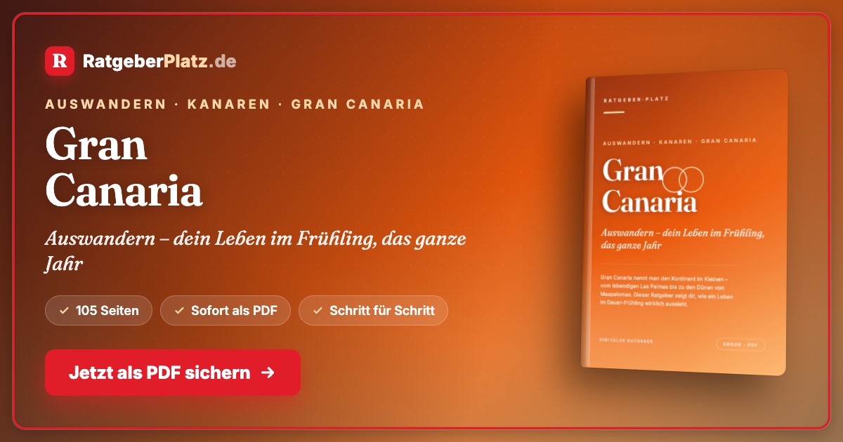 Auswandern nach Gran Canaria – E-Book über Kanaren-Umzug 1 Hero-Banner für Gran Canaria Ratgeber mit RatgeberPlatz Logo, Buch-Mockup und Call-to-Action Button
