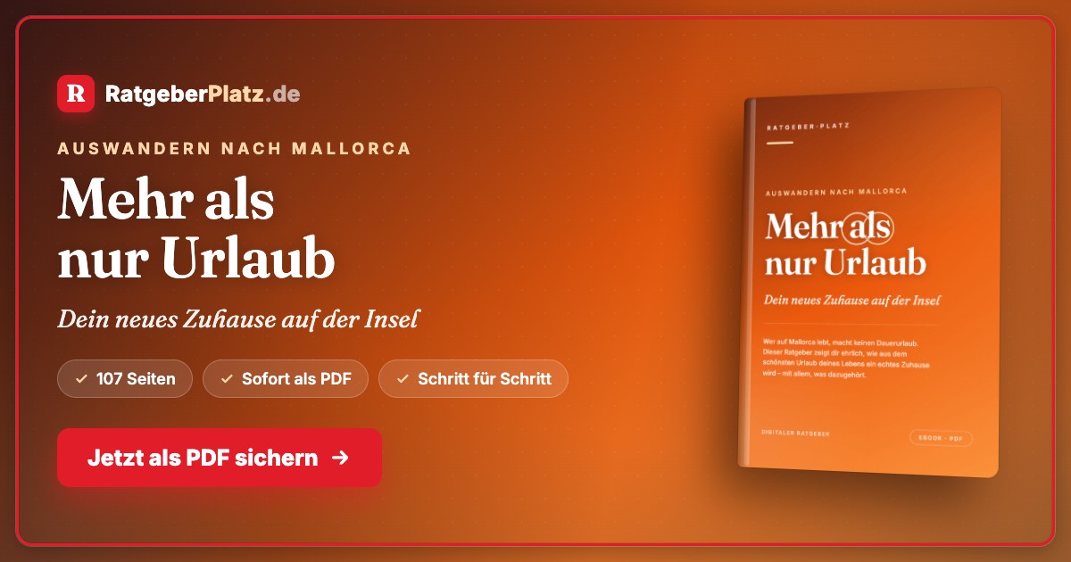 Auswandern nach Mallorca – E-Book über das Inselleben 2 Hero-Banner mit RatgeberPlatz-Logo, Überschrift „Auswandern nach Mallorca – Mehr als nur Urlaub