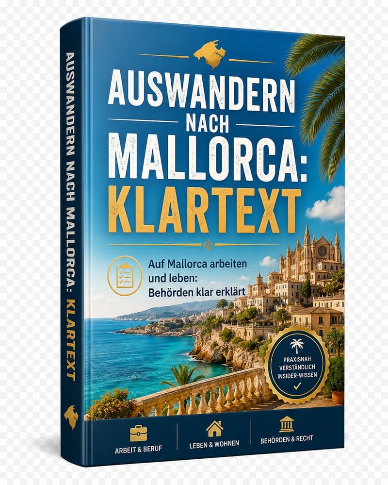 E-Book-Cover Auswandern nach Mallorca: Klartext mit Mallorca-Silhouette, Arbeits- und Behördenleitfaden