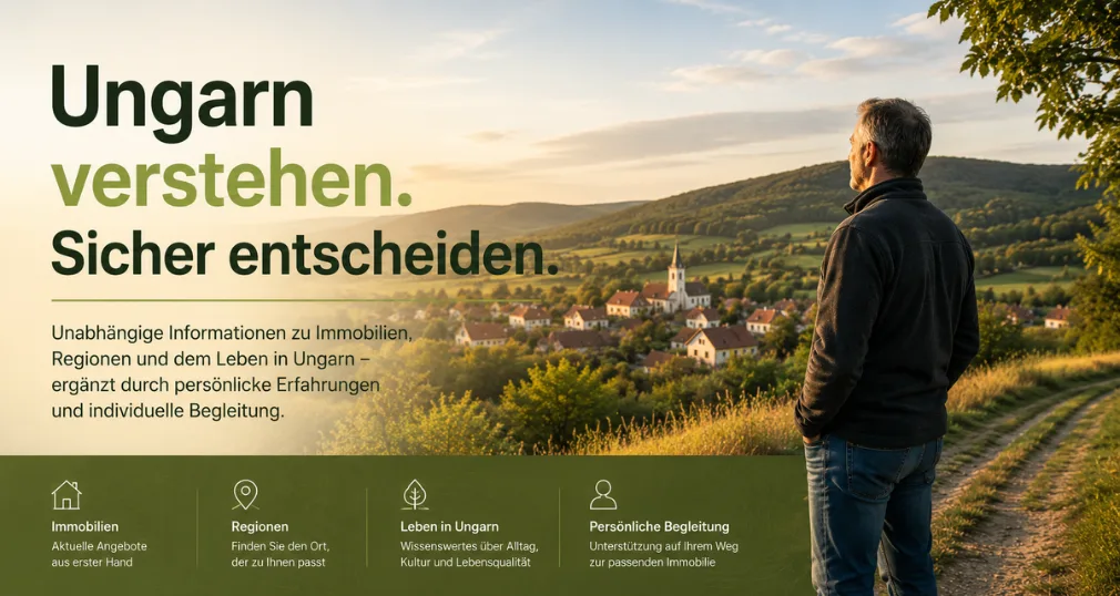 Ungarn verstehen sicher entscheiden mit Mann in Landschaft und grünen Symbolen
