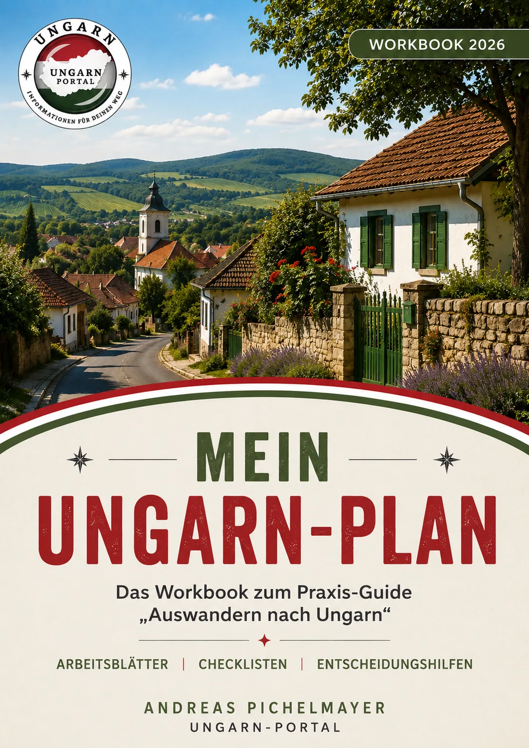 Workbook 2026 Mein Ungarn-Plan mit Dorfansicht und Kirchturm