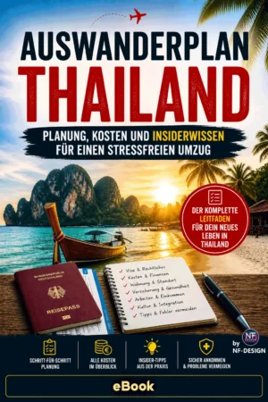 E-Book Cover Auswanderplan Thailand mit Flugzeug, Palmen, türkisem Meer und Longtail-Boot