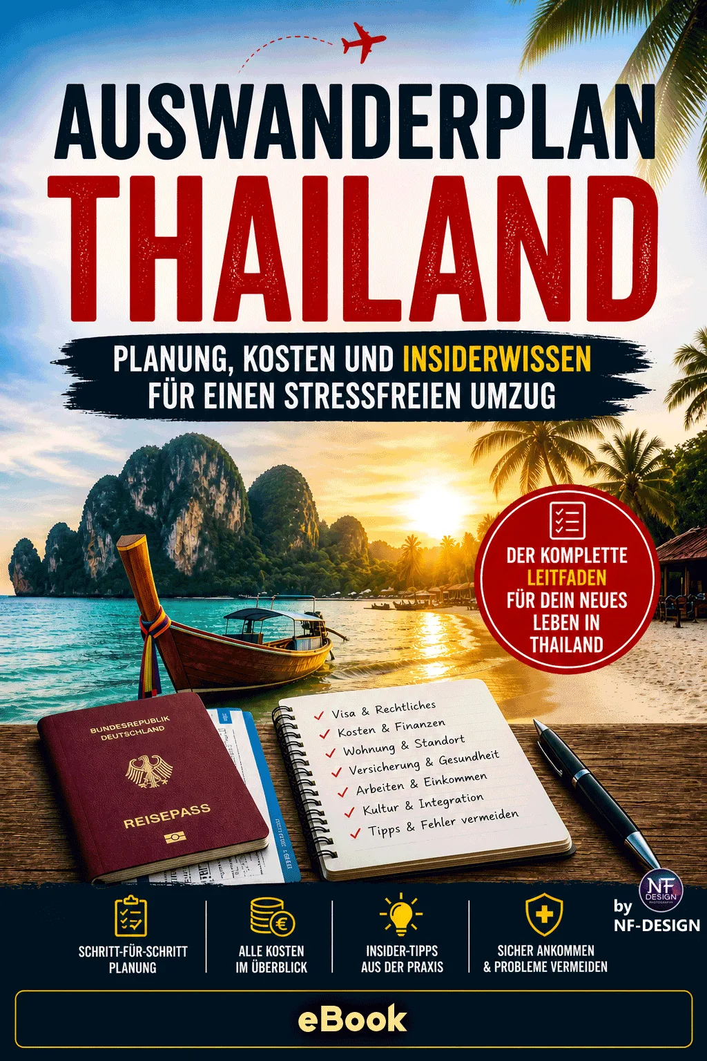 E-Book Cover Auswanderplan Thailand mit Flugzeug, Palmen, türkisem Meer und Longtail-Boot