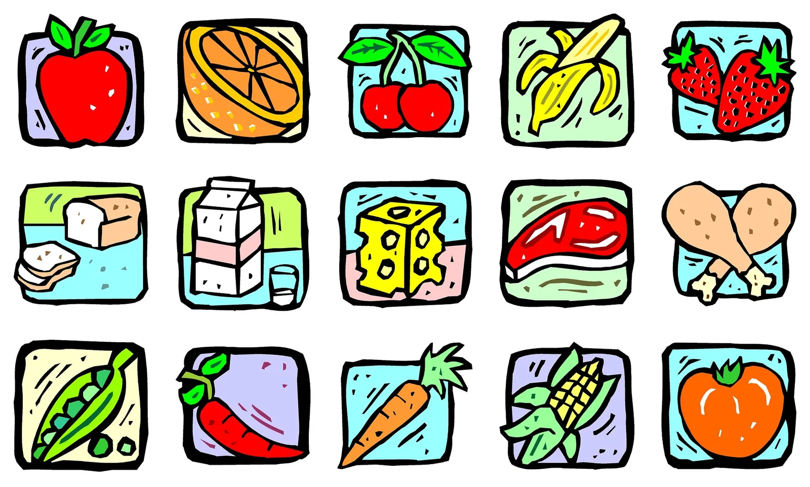 Auswertung des Stoffwechseltyps – Ernährungskurs von Birgit Venetz 3 Bunte Comic-Icons von Obst und Gemüse wie Apfel, Orange, Bananen, Erdbeeren, Käse, Fleisch und Gemüse
