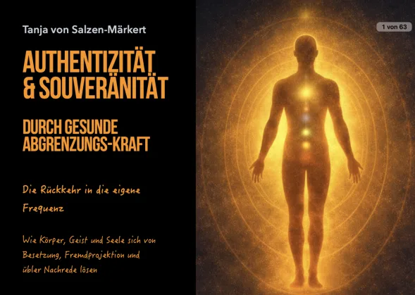 E-Book-Cover "Authentizität & Souveränität" von Tanja von Salzen-Märkert mit goldener Körperfigur und Energieaura