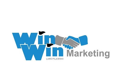 WinWin Marketing Logo mit Handschlag-Symbol und Lars Pilawski Namenszug