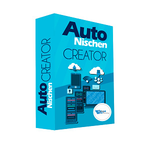 Auto-Nischen-Creator Produktbox in Blau mit Illustration von Computer und Cloud-Symbolen