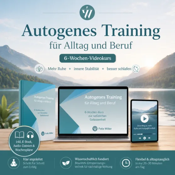 Autogenes Training Grundstufe – Videokurs zur Entspannung 5 Produktgrafik mit Laptop, Smartphone und Kursmaterialien vor Bergsee-Hintergrund