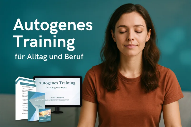 Autogenes Training Grundstufe – Videokurs zur Entspannung 1 Frau mit geschlossenen Augen beim Autogenen Training, Produktmockup mit Kursmaterialien