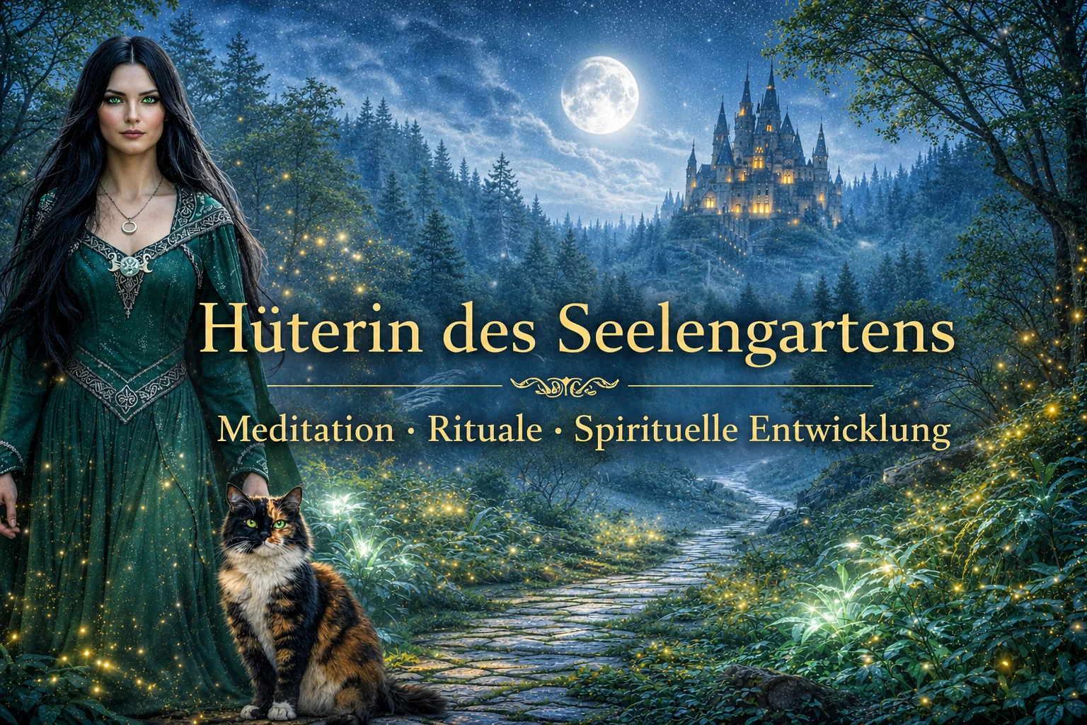 Hüterin des Seelengartens mit Frau in grünem Kleid, Katze und leuchtendem Schloss