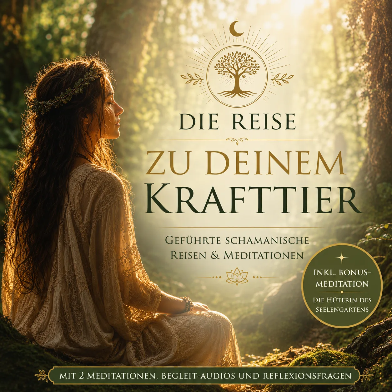 Frau im Wald mit Blumenkranz blickt auf Lebensbaum-Symbol und Buchtitel