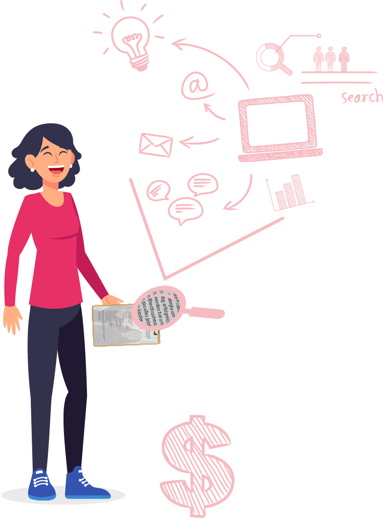 Illustration einer lachenden Frau in pink-rotem Oberteil mit Lupe und Diagrammen, Glühbirne, E-Mail und Dollar-Symbol zum The