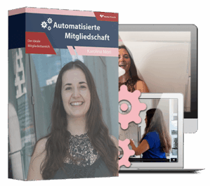 Produktbox Automatisierte Mitgliedschaft mit Frau, Laptop-Mockup und pink Puzzle-Design-Elementen