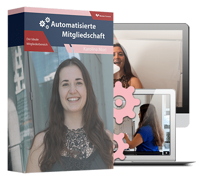Produktbox Automatisierte Mitgliedschaft mit Frau, Laptop-Mockup und pink Puzzle-Design-Elementen