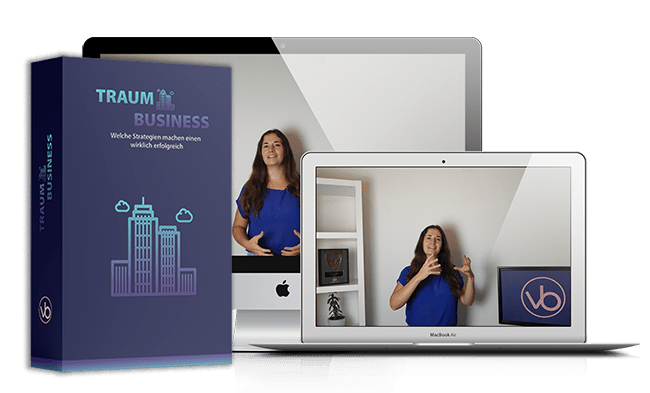 Bonus-Modul Traum Business mit blauer Box, Frau auf Desktop und Laptop-Mockup, modern Design mit Gebäude-Illustration