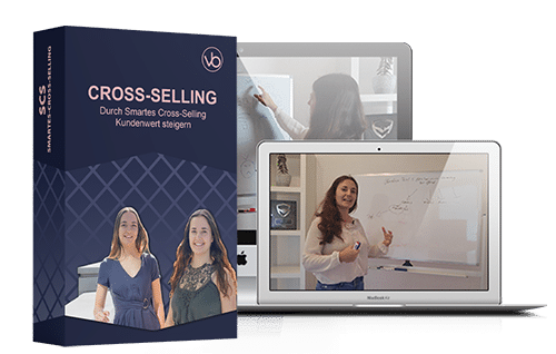 Bonus-Modul Cross-Selling mit zwei Frauen auf Desktop und Laptop-Mockup, dunkle Box mit geometrischem Muster