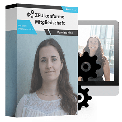 Box ZFU konforme Mitgliedschaft mit Frau (Karolina Mori) auf weißer Box mit blauem Akzent und Laptop-Mockup mit Zahnrad-Symbo