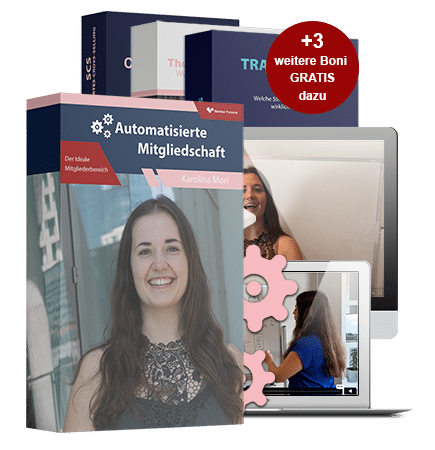 Produktpaket Automatisierte Mitgliedschaft mit Frau auf Box, Laptop-Mockup und pink Puzzle-Elementen, roter Bonus-Badge +3 we